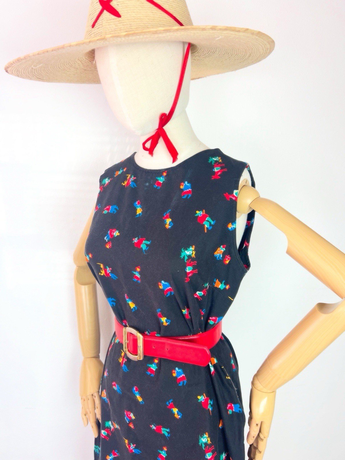 MEXICAN NOVELTY Print 60s 1960’s Vintage Black Cotton Shift Sundress Dress M 36b