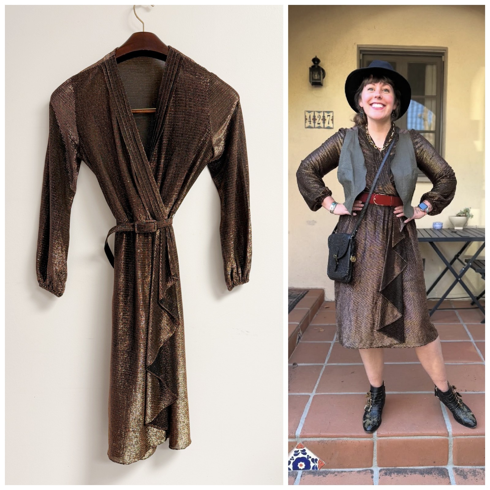 Vintage 70s 80s Metallic Lurex Bronze Gold Belted Long Sleeve V Neck Dress S/M