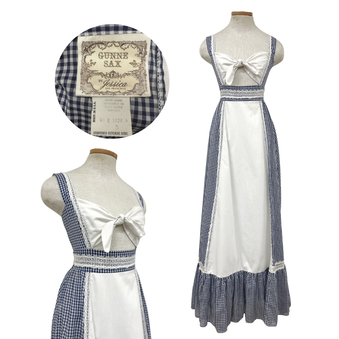 Vintage 1970s Gunne Sax by Jessica McClintock Navy Gingham Prairie Dress Sz 5