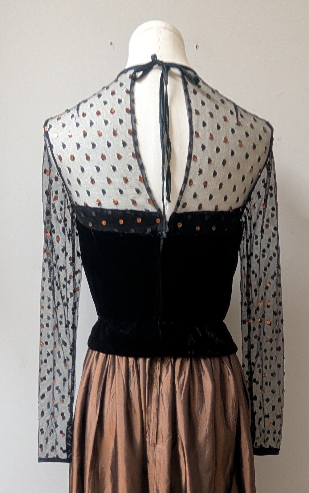 Vtg 70’s Joan Leslie By Kasper Velvet Bronze Taffeta Net Sequins Maxi Dress XS