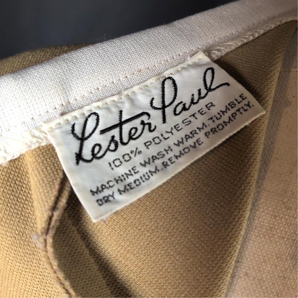 Vintage 1960s Lester Paul Beige Khaki White Contrast Pleated A-Line Dress