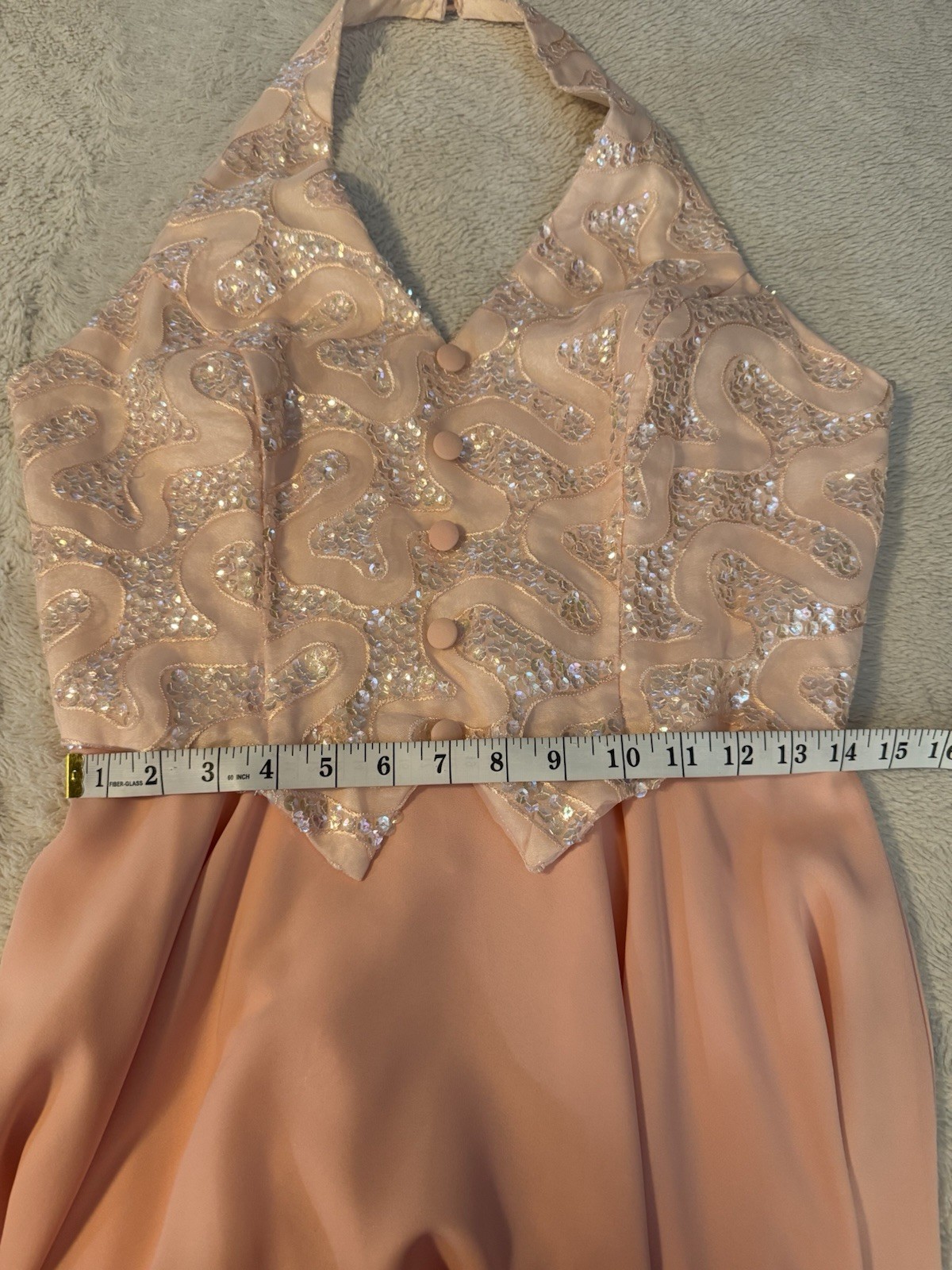 VTG 90s Faviana New York Halter Gown Peach Sequin Backless Maxi Dress Size 13/14