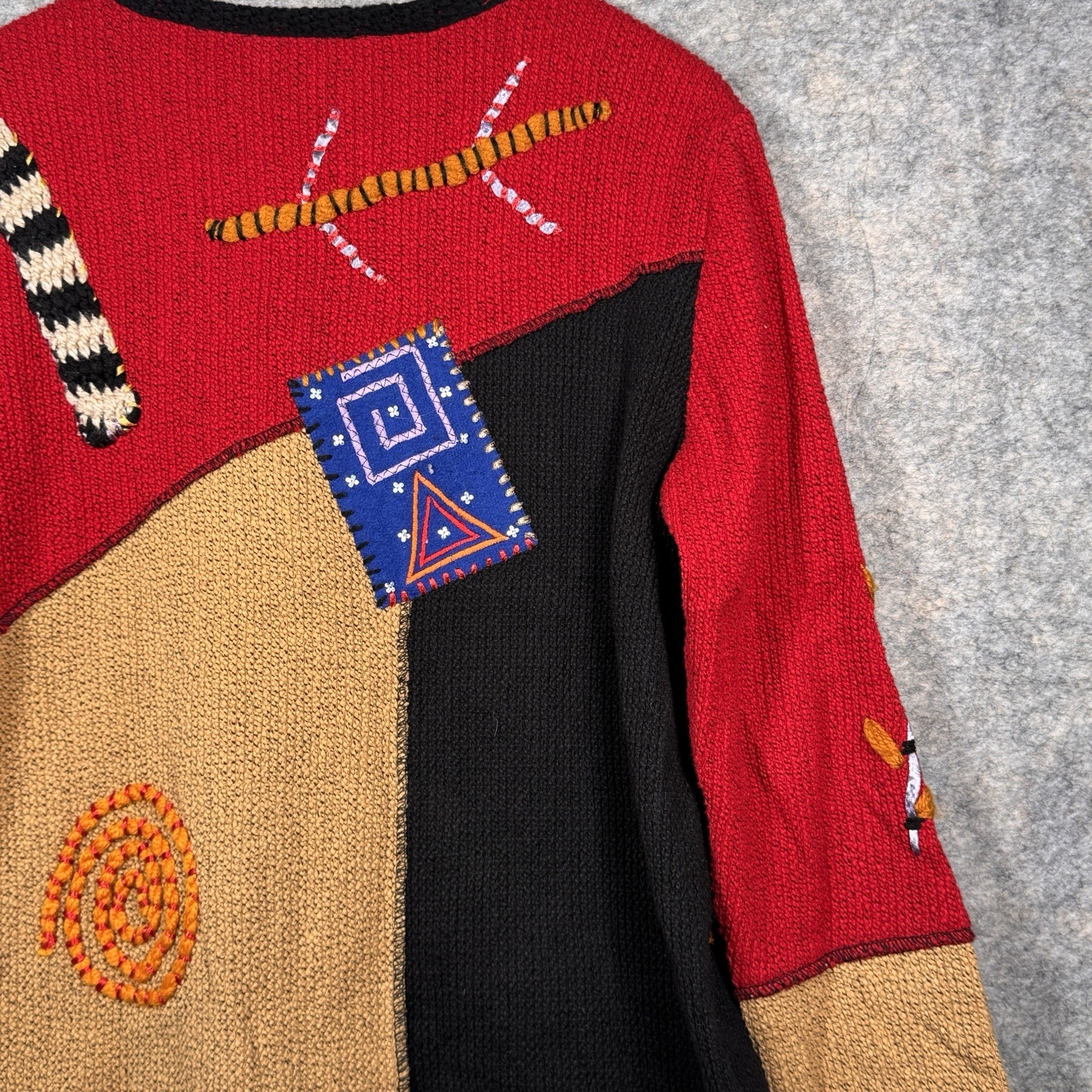 Vintage Alex Kim Knit Embroidered Cardigan Sweater Womens Size M 20×25 Patchwork