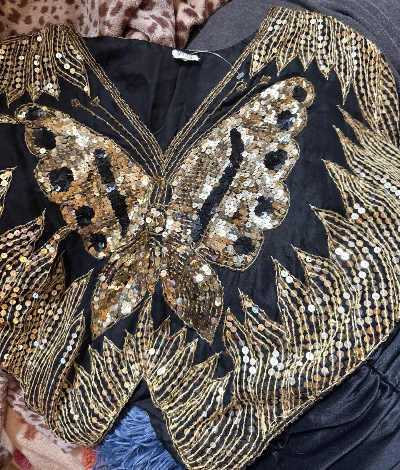 Vtg Butterfly Sequin Disco Iconic Blouse Top Studio 54 India Black Gold S M silk