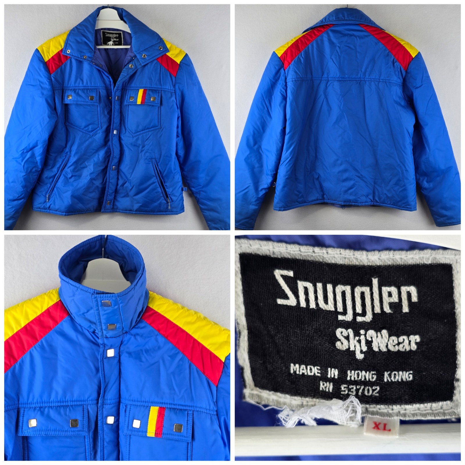 Vintage 80s Snuggler Ski Wear Jacket XL Blue Yellow Red Stripe Retro Colorful