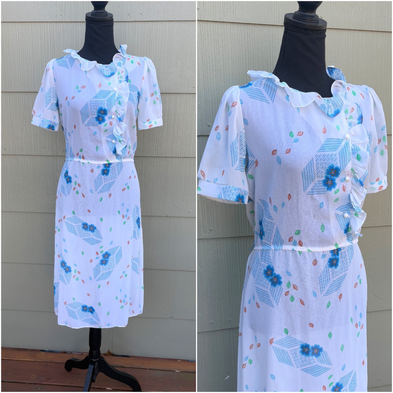 vtg 70s Does 40s Whimsical Floral Leaf Sheer Ruffle Collar Blouson A-Line Dress