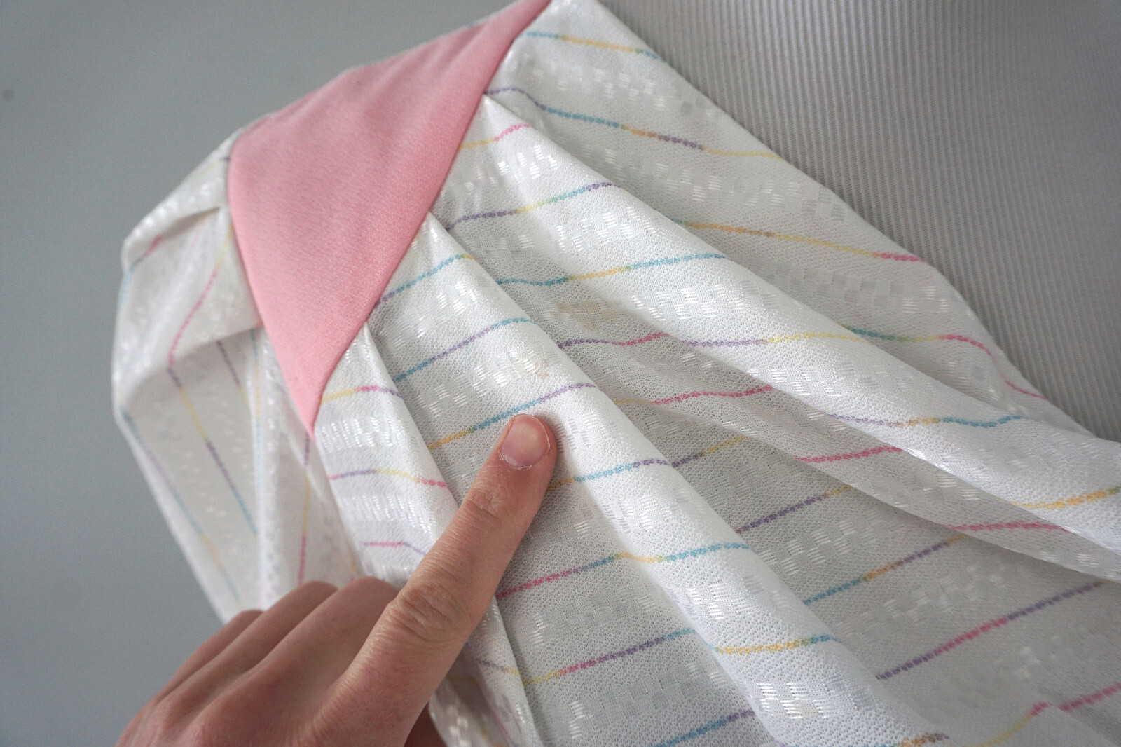 Vintage 80s KR of NY Pink White Striped Cowl Neck Short Sleeve Peplum Dress L