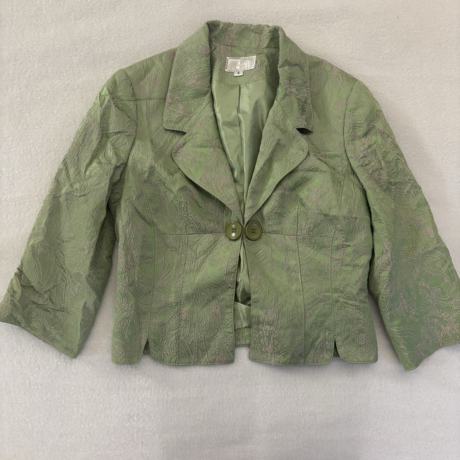 Alberto Makali Blazer Jacket Women’s 8 Paisley Green White 2 Buttons Short Silk