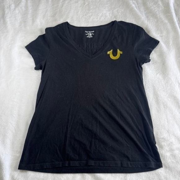 True Religion black gold v-neck graphic top Y2K vintage mcbling