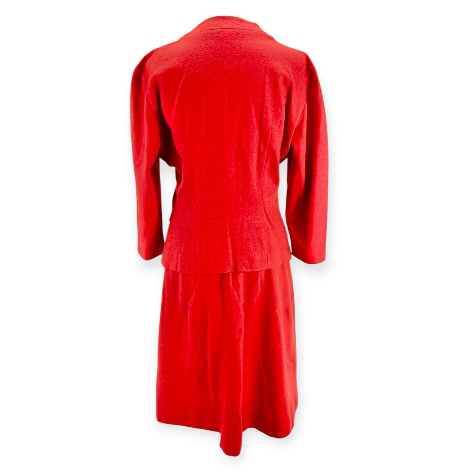VTG 1940s RED WOOL FELT SWING SUIT JACKET SKIRT RHINESTONE BEE ROCKABILLY MCM M