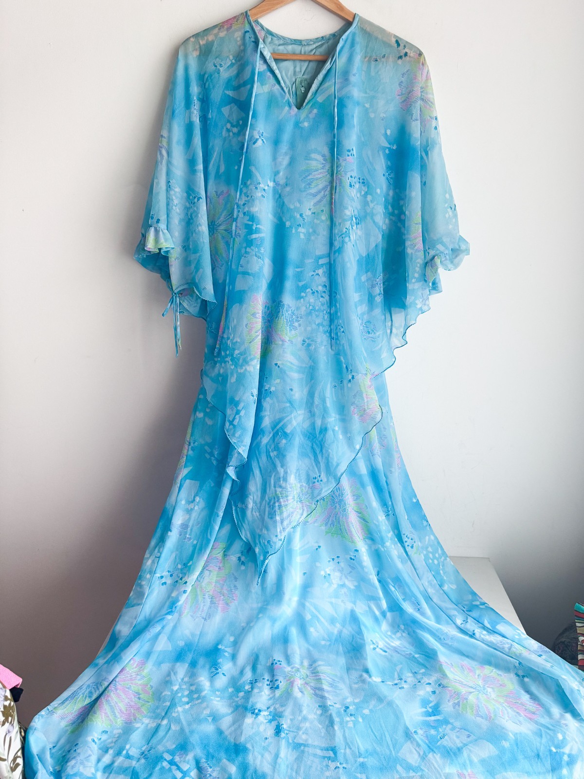 Vintage Sky Blue Maxi Dress With Cape Bodice Modest Mother of Bride Wedding S