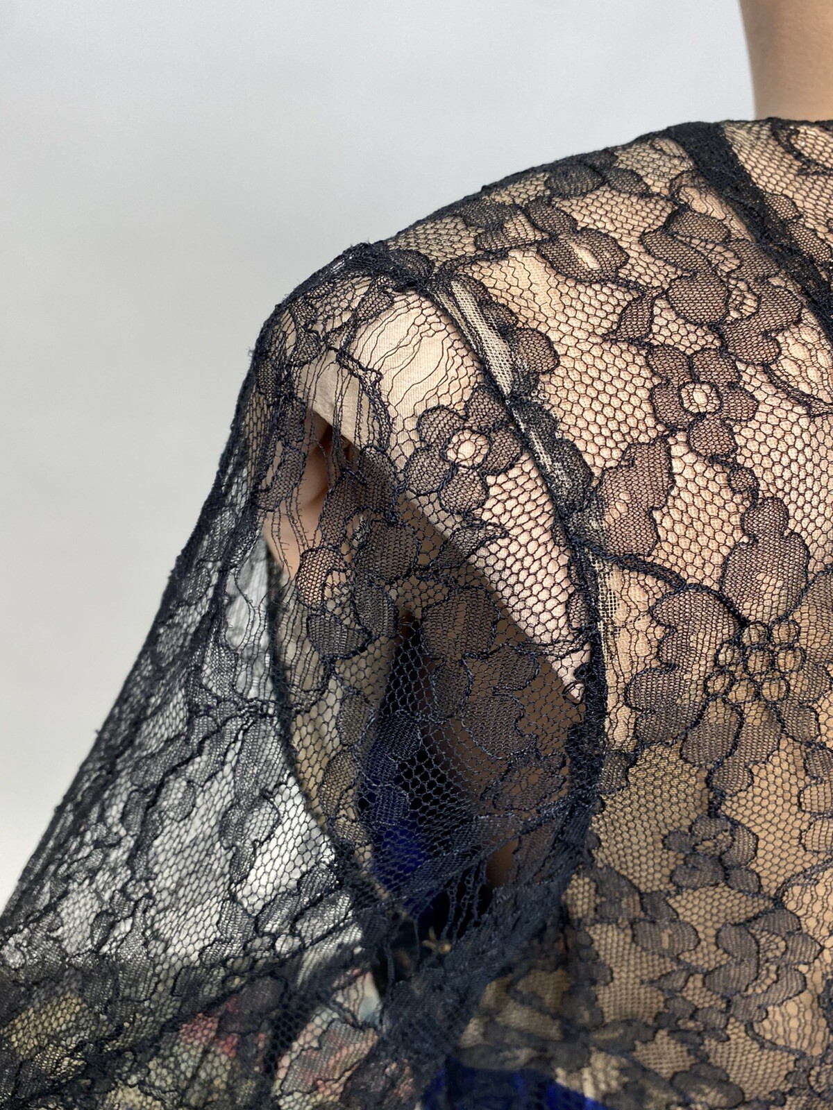 Antique Vintage 1940s Black & Blue Silk Chiffon Lace Bias Cut Full Length Gown