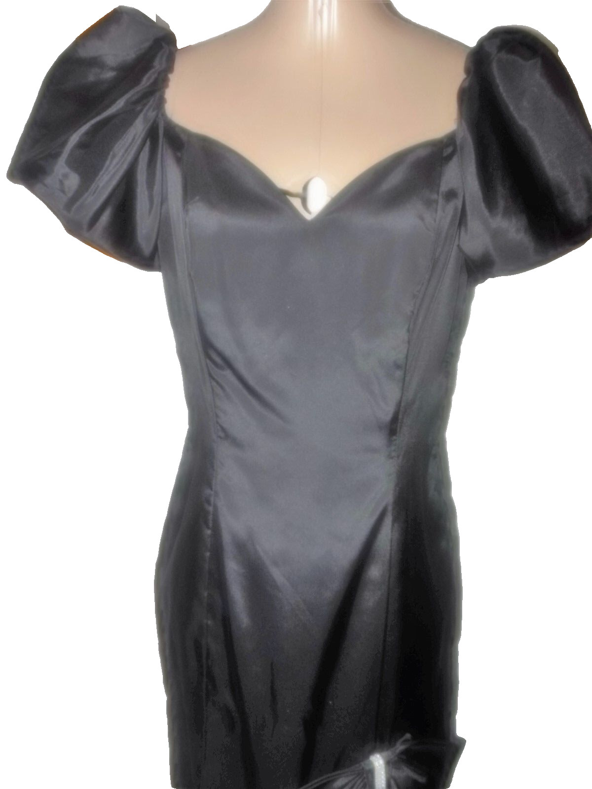 Vtg 80’s Black Satin Pouf Sleeve Off Shoulder Ruffle Mermaid Evening Dress M