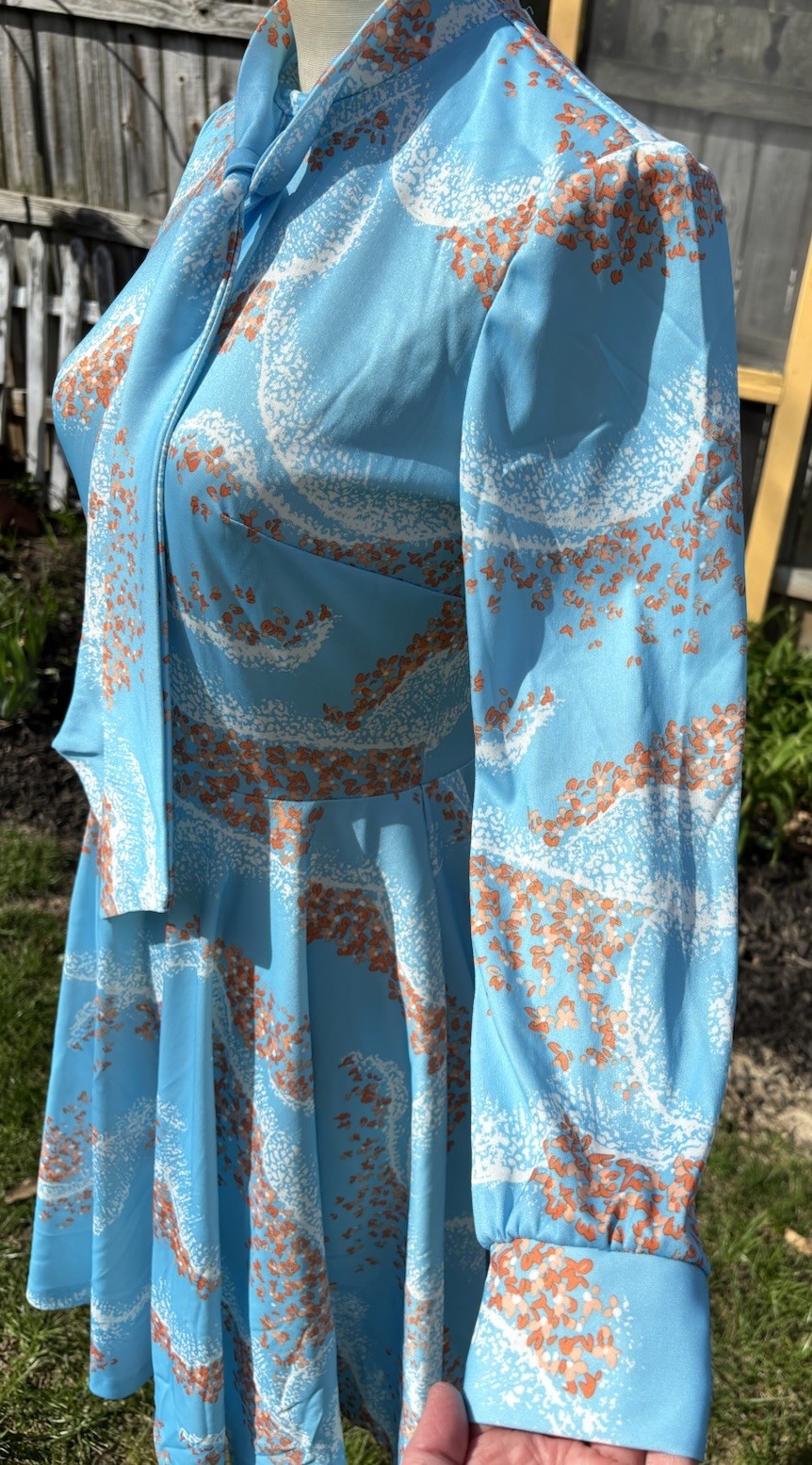 VTG 1970s Secretary Dress Pussy Cat Bow Fit Flair Midi Sz S B32 W26 Blue Orange