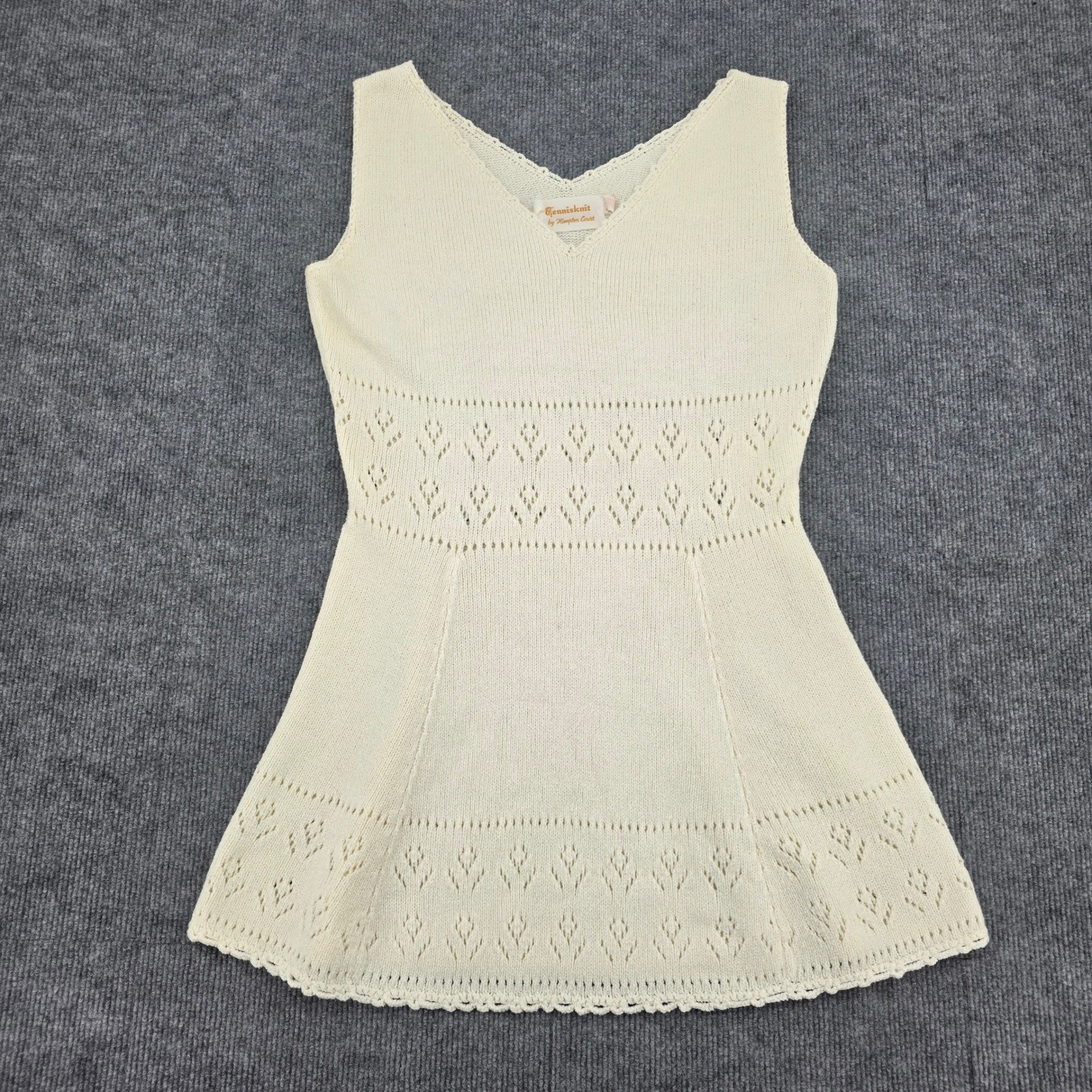 Vintage Tennisknit by Hampton Court Cream Pointelle Knit V-Neck Tennis Dress L