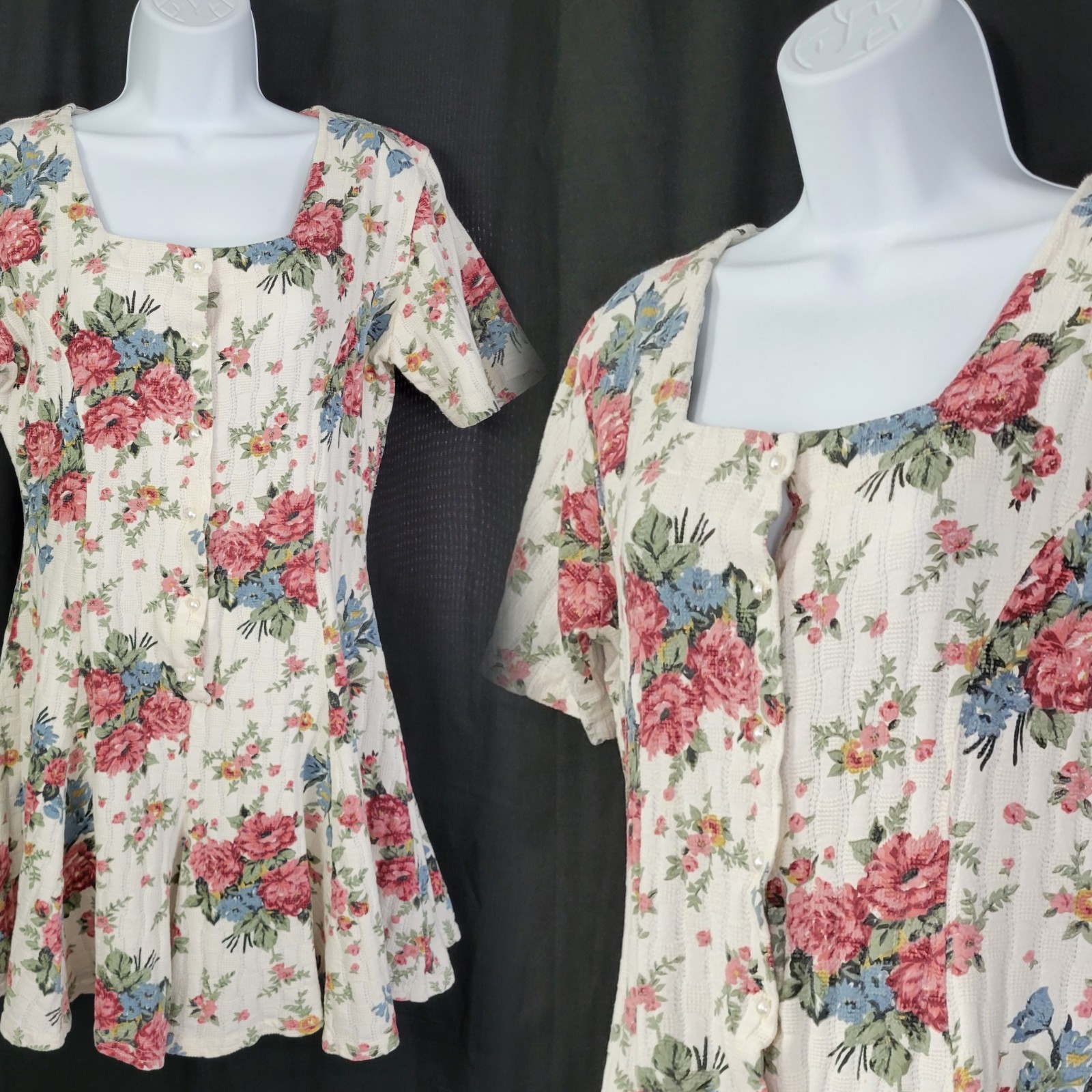 Vintage Zanoni Ivory Romper w Pink/Blue/Green Florals & Square Neckline Size M