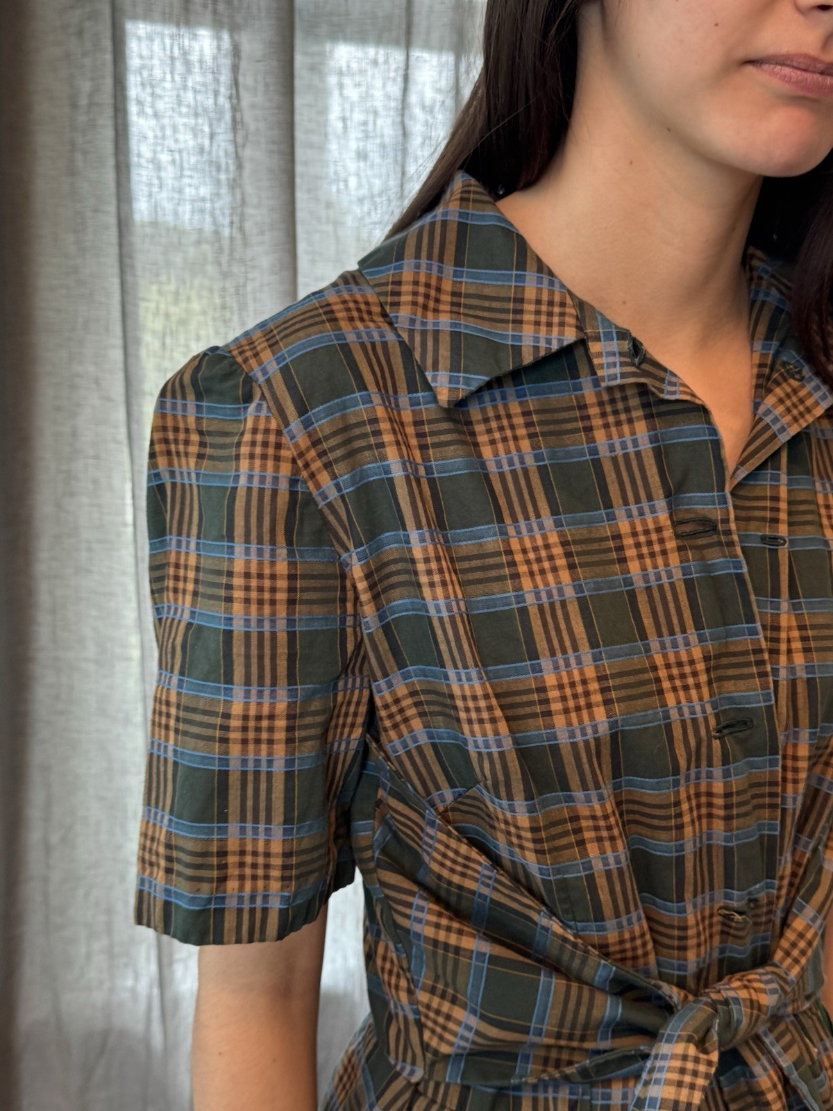 Vtg 50s Plaid Cotton Shirtwaist Dress Full Pleated Skirt M