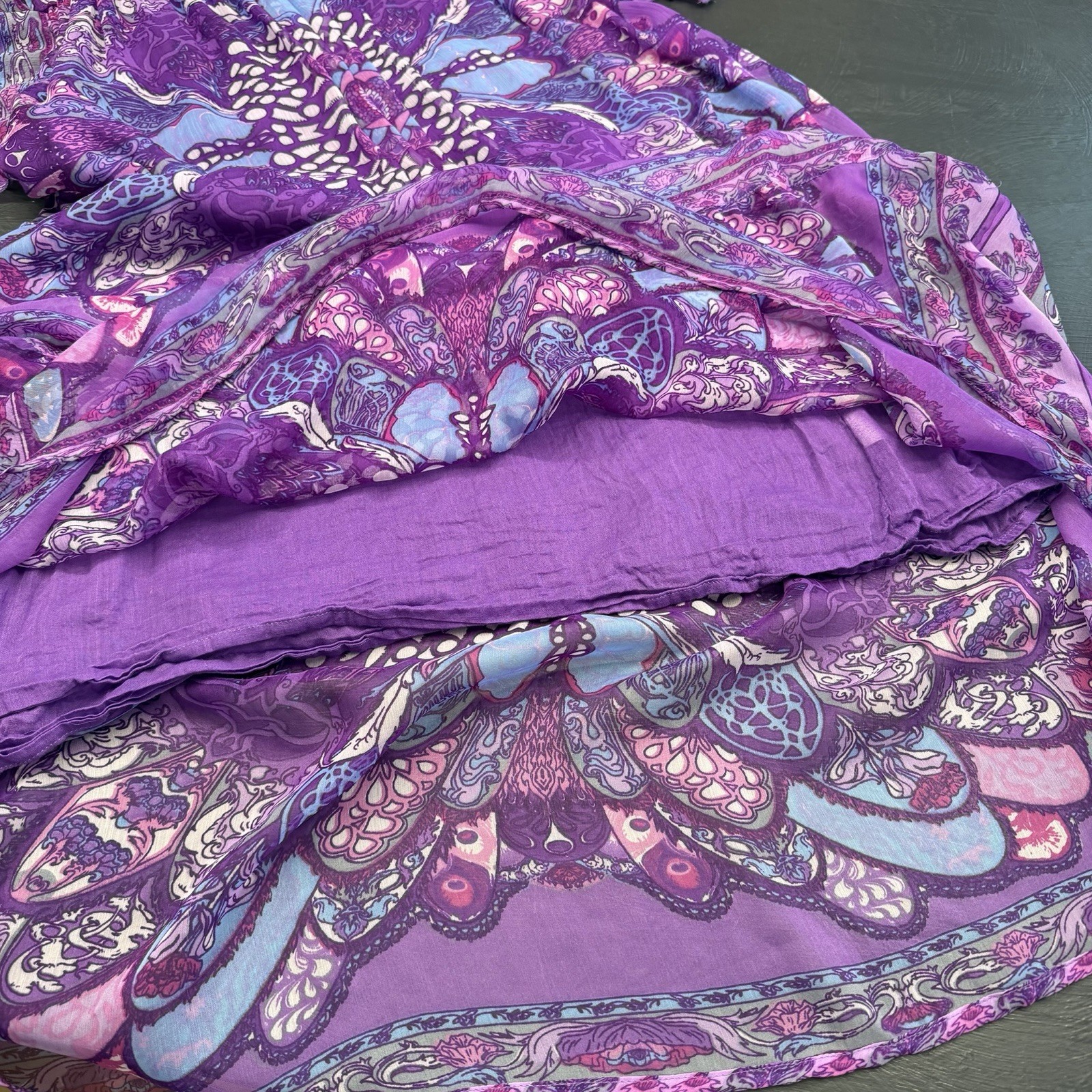 Vtg BLAIR Purple Chiffon Maxi Dress Sz Sm Petite Paisley Boho Butterfly Fairy