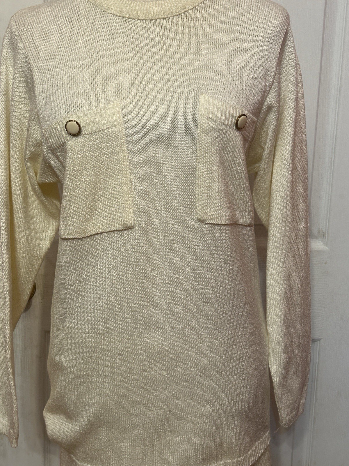 Vintage SCHRADER KNIT Skirt /Blouse Set Size 8 Womens Ivory Color 70s/80s Office