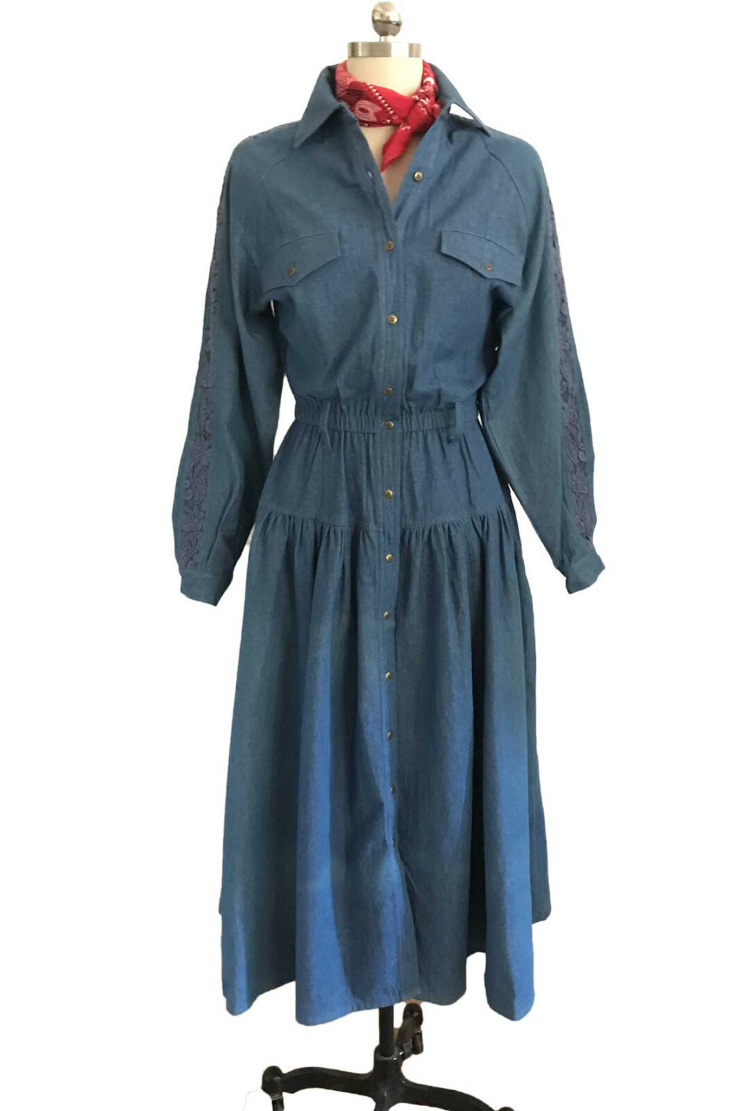 Vtg 80s Cowgirl Dress TOGETHER! Denim Button Front Lace Insert Wide Sweep tag 8