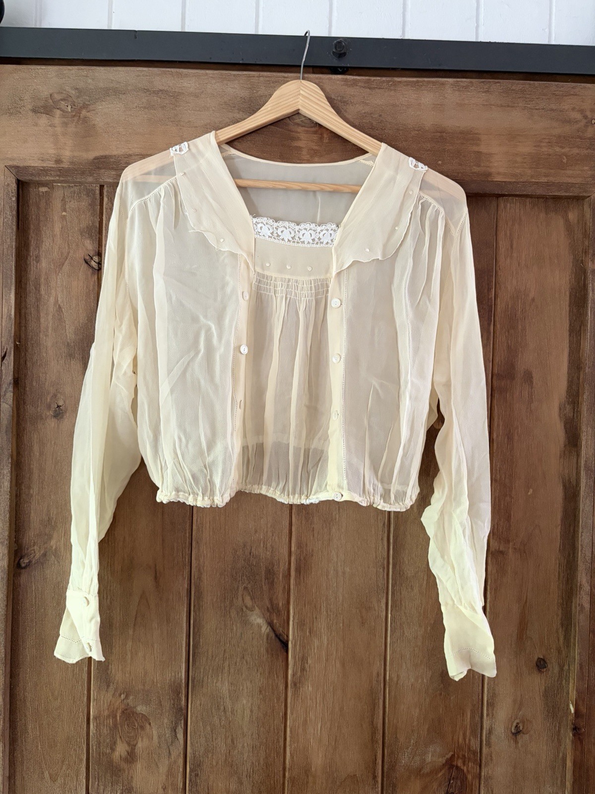 Antique 1920s Sheer Bed Jacket Boudoir Blouse Lace Embroidery Ivory Lingerie