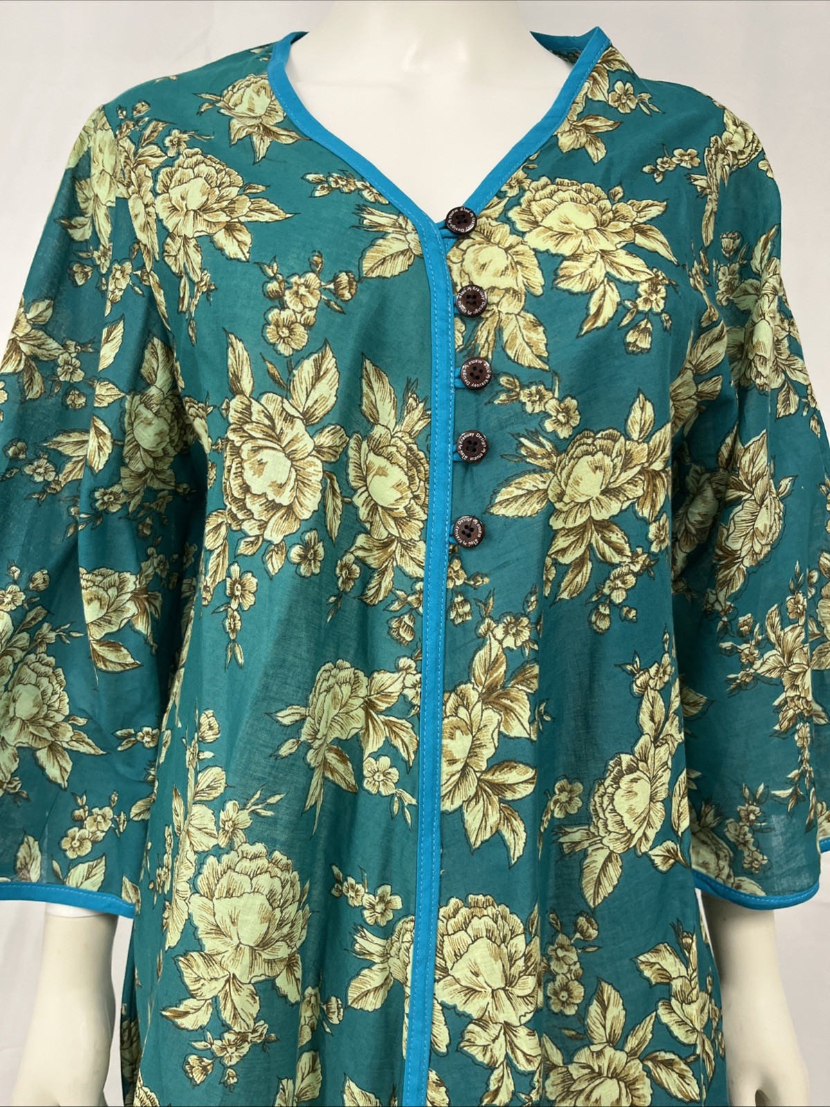 Vintage Tunic Dress Women’s Large Green Cotton Boho Ethnic Floral Hippie