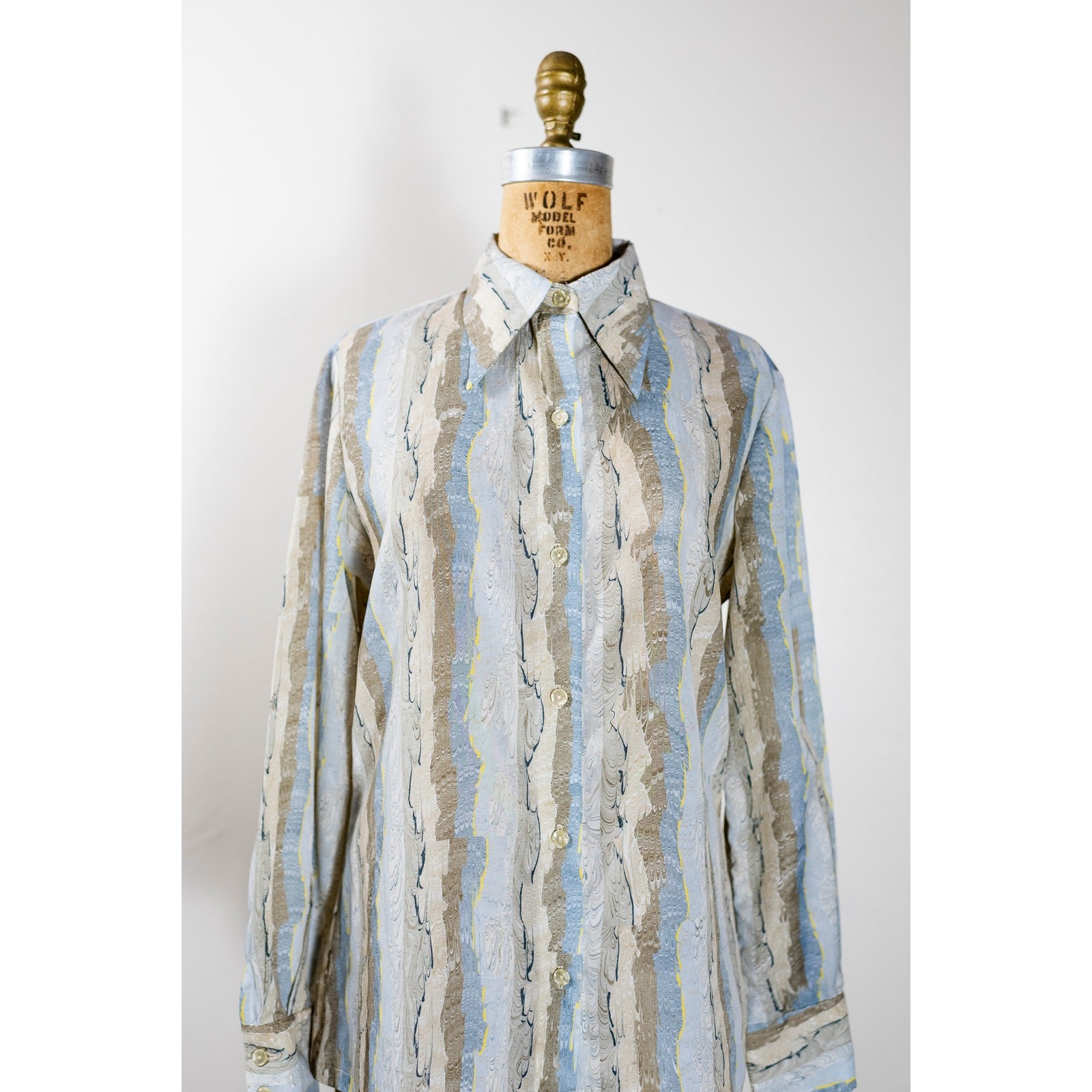 Vintage 70s Blouse, Dagger Collar, Hippie Abstract Neutral Watercolor Shirt, Med