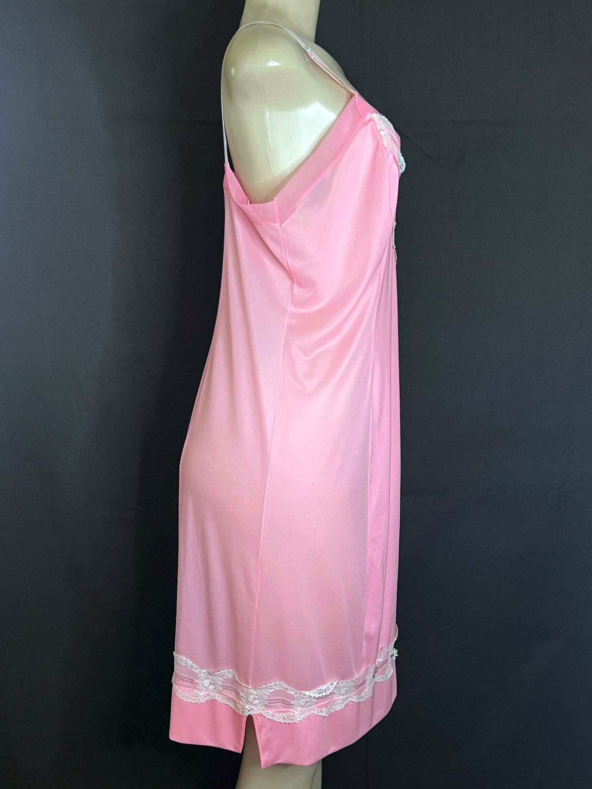 Vintage 50’s Pink Nylon Satin Slip/ Nightgown/ Lace Trim- Sz. 38