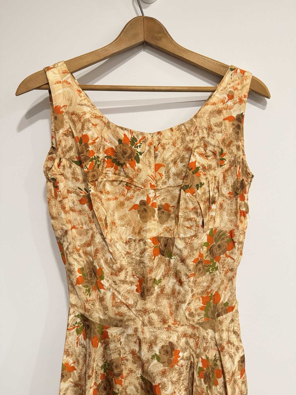 Vintage MCM 50s/60s Handmade Dress Tea Length Earth Tones Floral Fit & Flare XXS