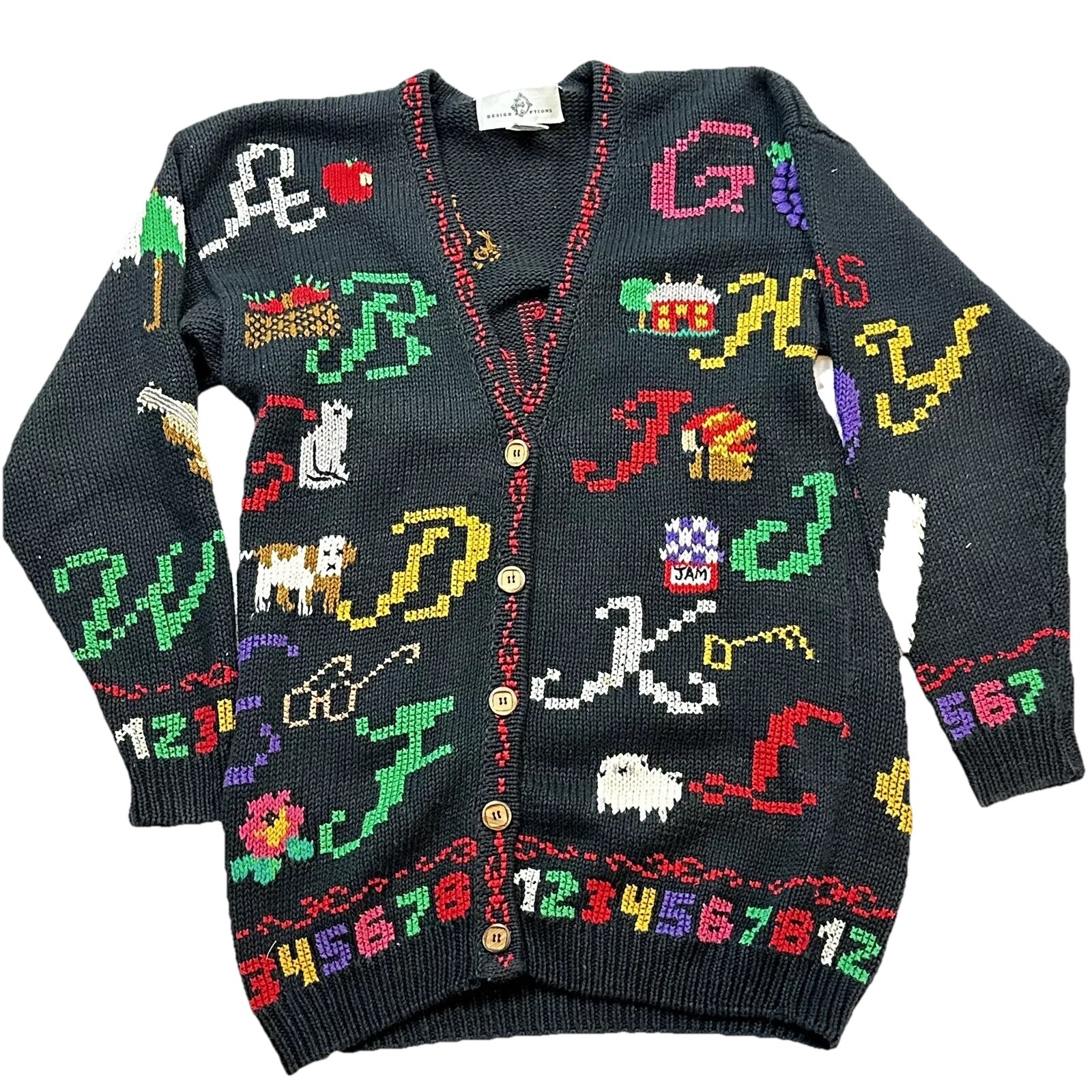 Vintage DESIGN OPTIONS Knitwear Cardigan Sweater Alphabet And Numbers Sz. Small
