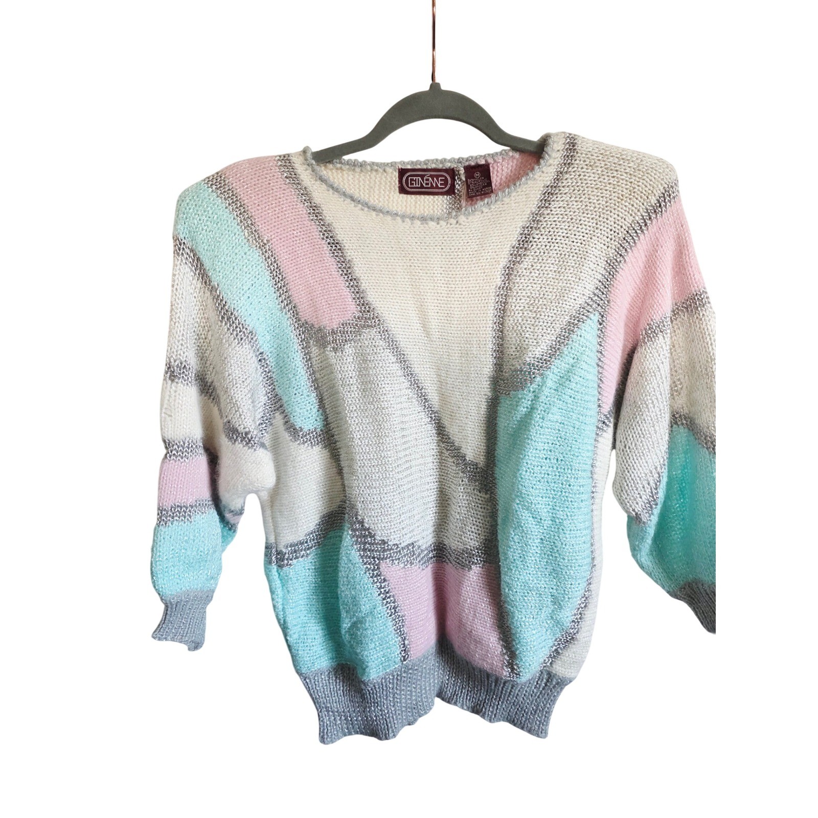 Vintage Ginenne M 80s Colorblock Sweater Pink Aqua Silver Metallic Wool Acrylic