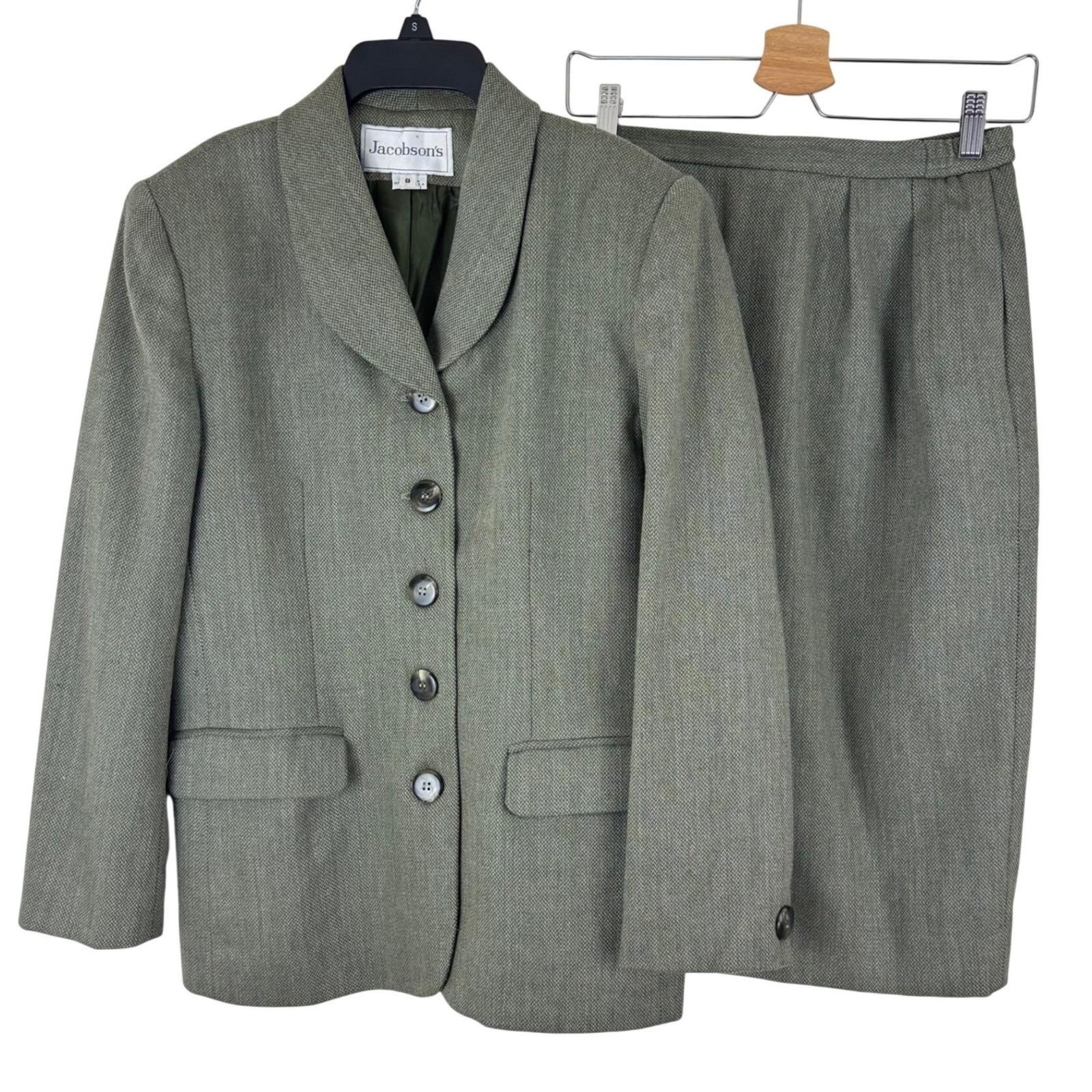 Vintage 90s Jacobson’s Herringbone Skirt Suit Olive Green Size 8 Office Classic