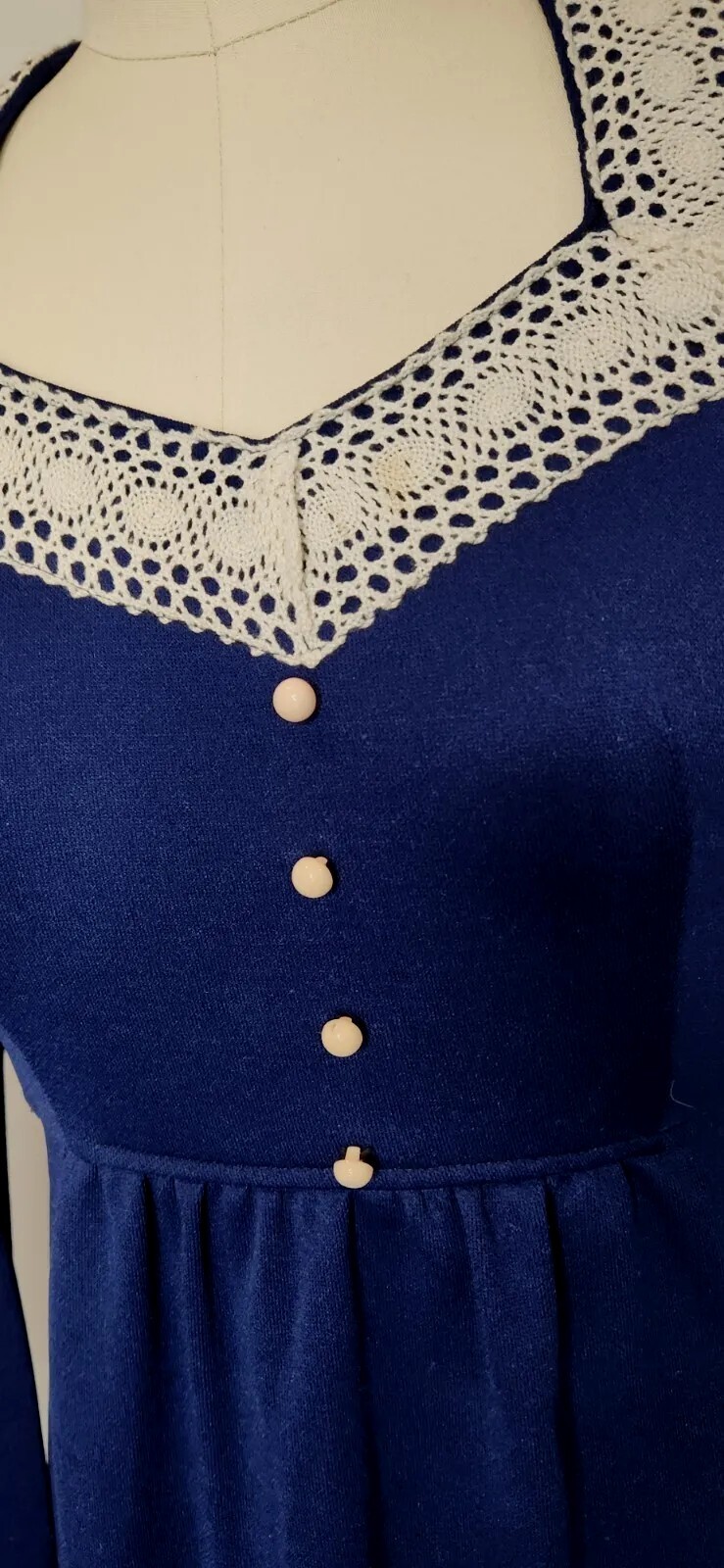 Vintage 70s Royal Blue Ivory White Lace Maxi Dress Tie Empire Waist S or M