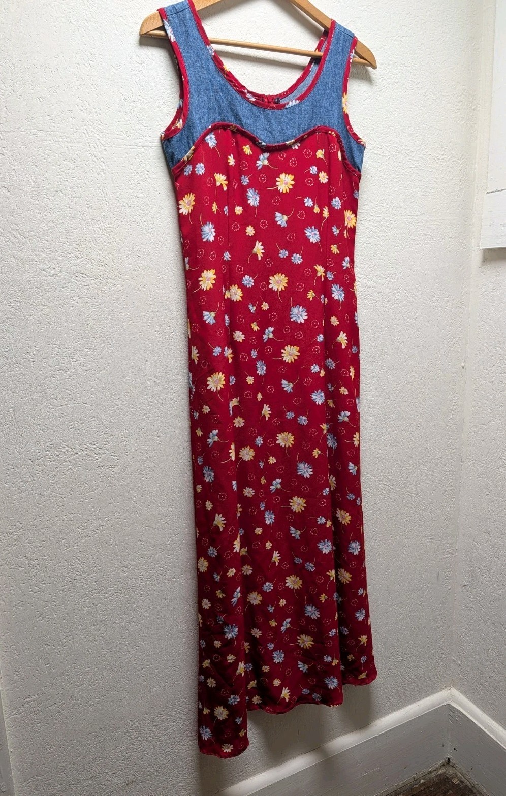 Women’s Vintage 90s Mixed Media Maxi Dress Red Floral Denim Sz 8 Grunge Western