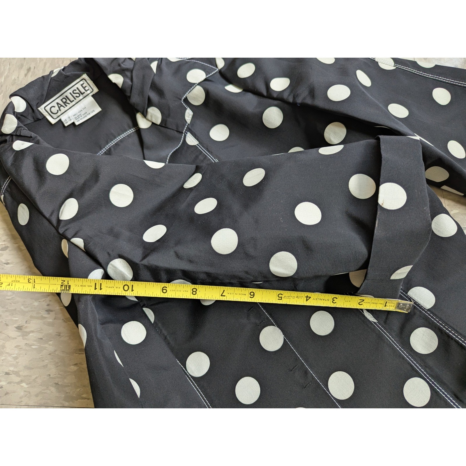 Vintage 90s Carlisle 100% Silk Polka Dot Jacket Black White Ruffle Collar