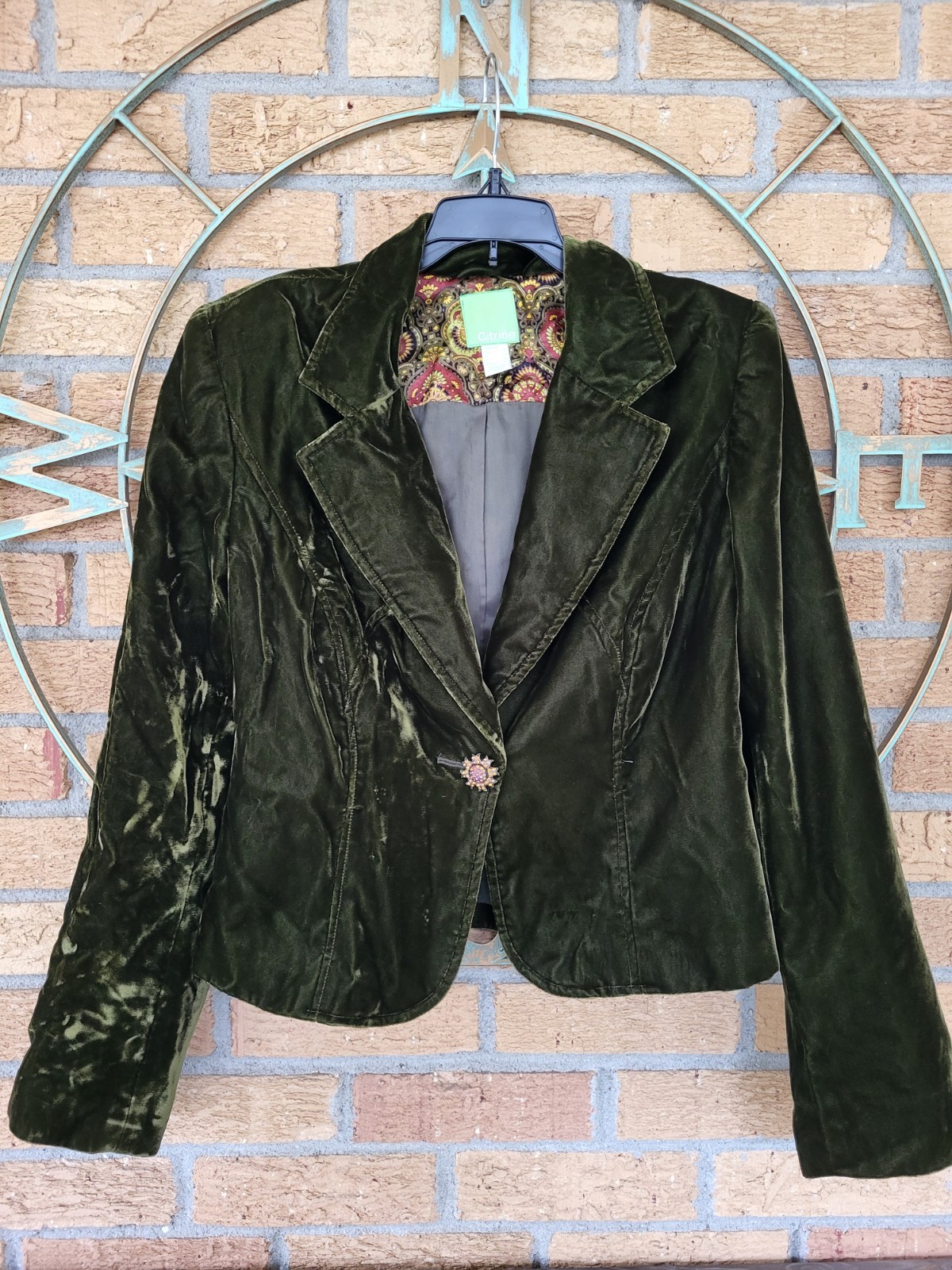 Vintage Citrine Green Crushed Velvet Jacket Blazer Jeweled Buttons Women’s 12