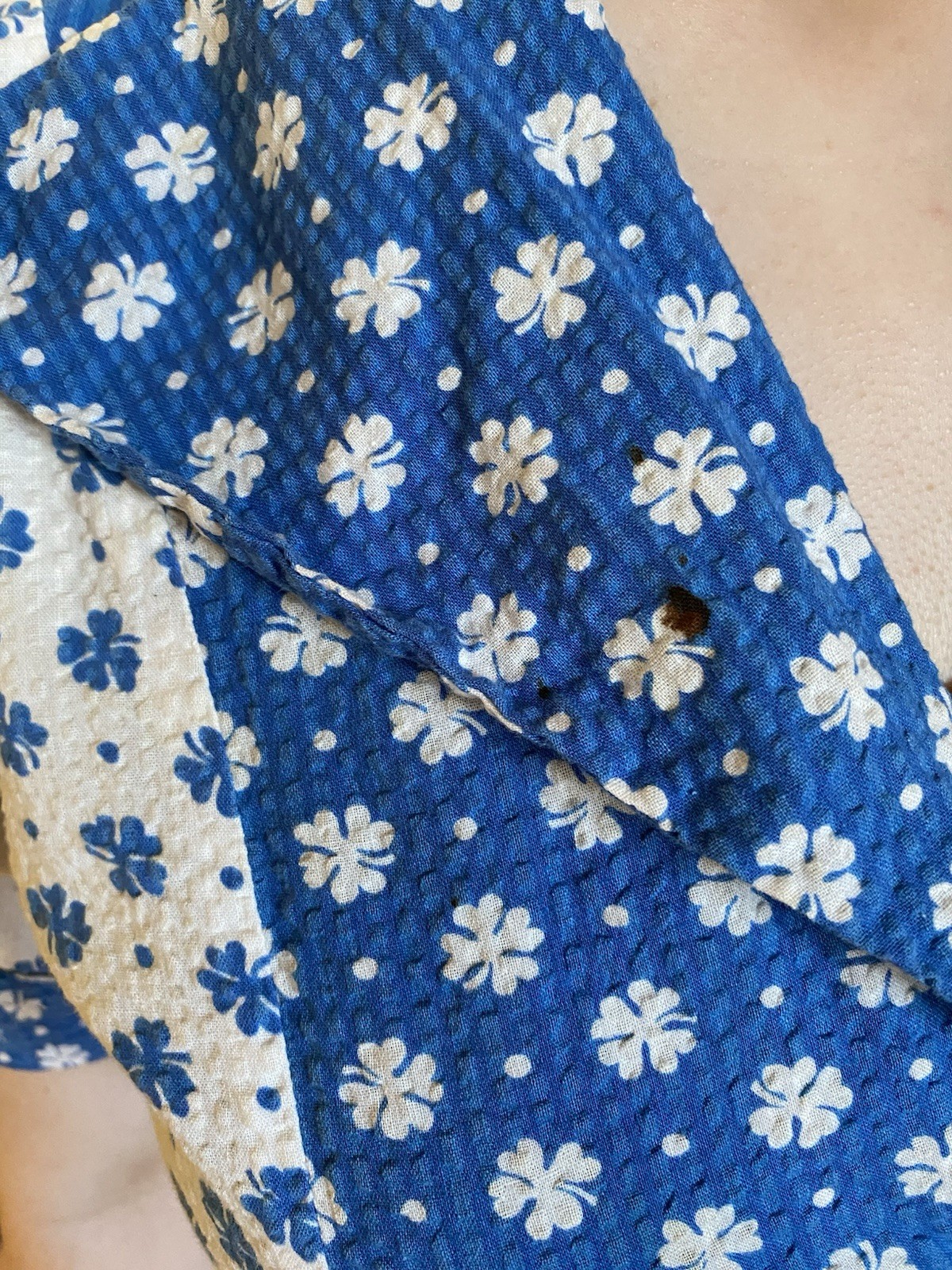 Vintage 1930s-40s White Blue Floral Lounge House Dress Puff Sleeve Zip Front Med