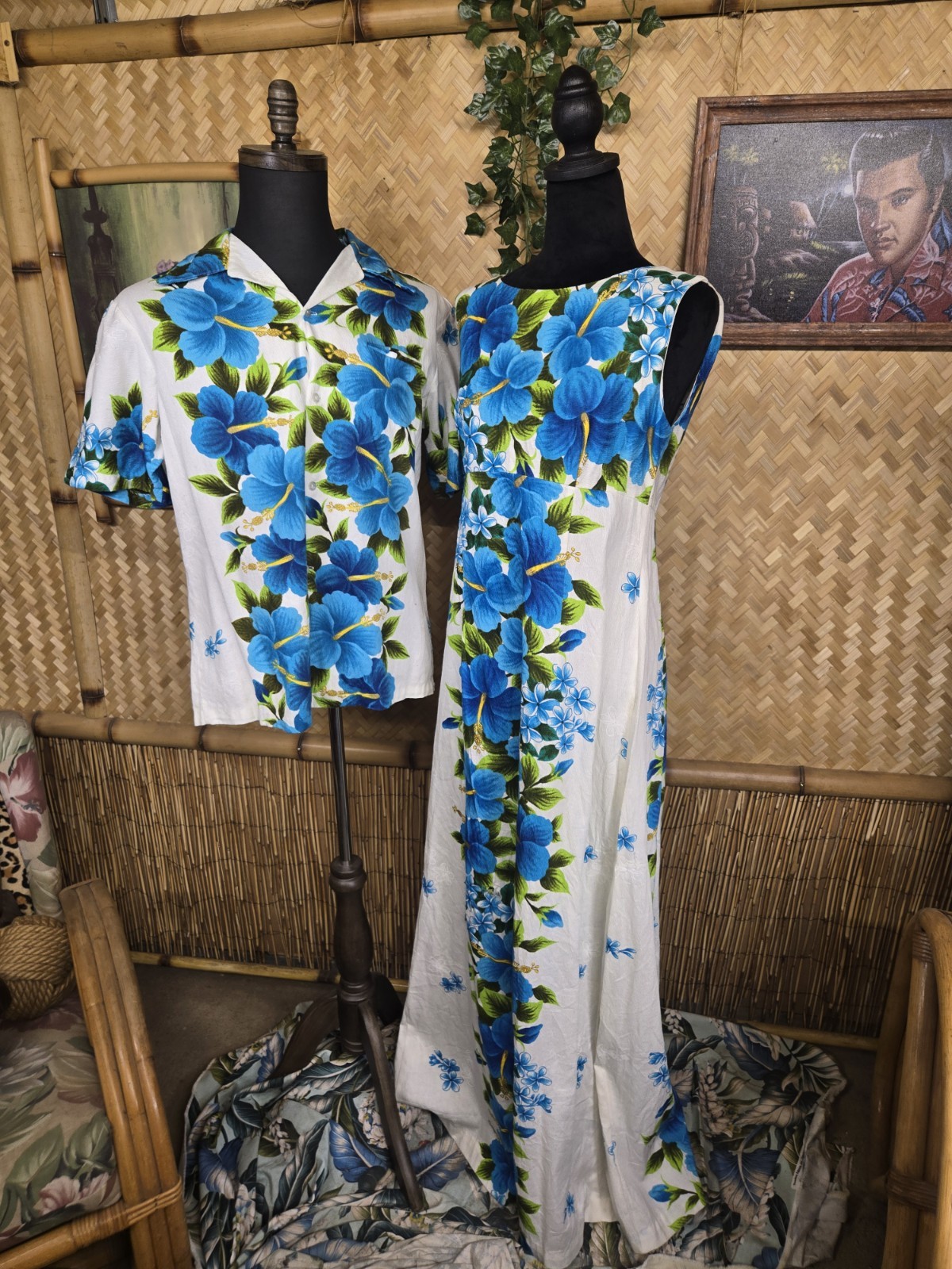 Vintage Ui-maikai Hawaiian Barkcloth Honeymoon Aloha Dress & Shirt Set w1257