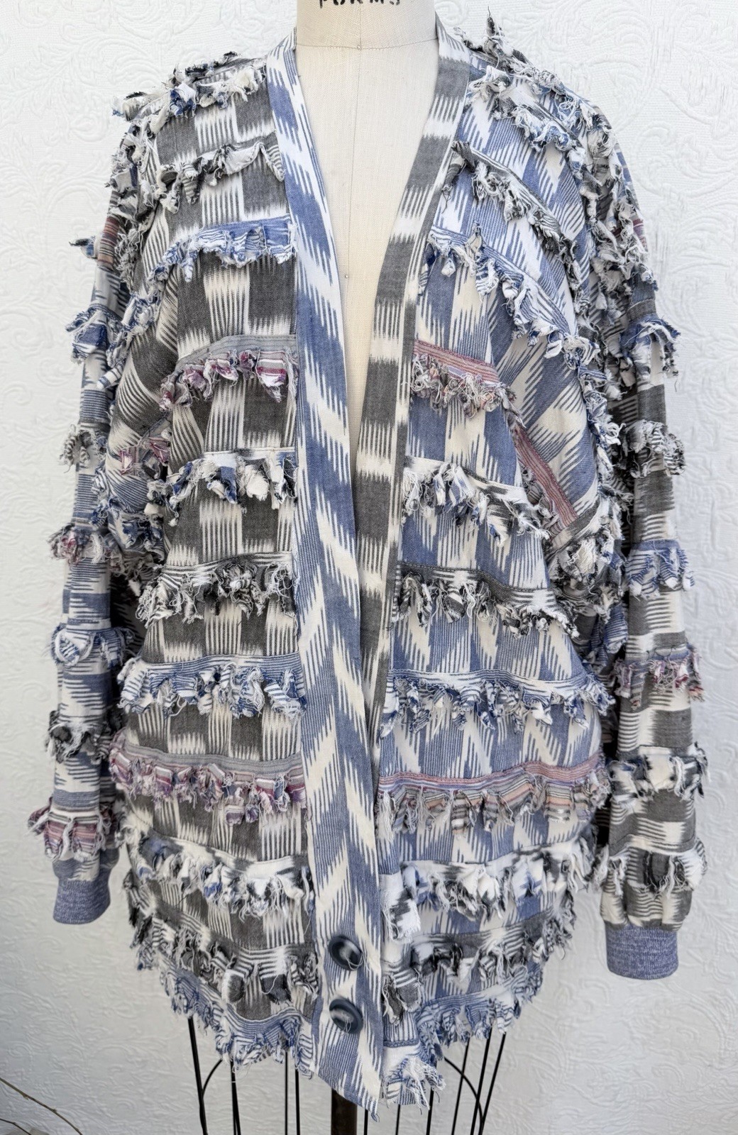Paula Sweet Muslin Mink Ikat Lightweight Cotton Gray White Blue Jacket LARGE