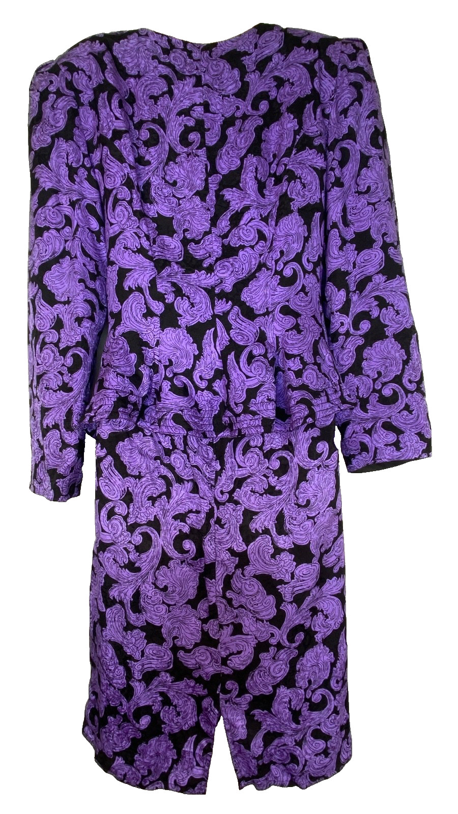 Vintage 1980s silk purple black dress set 1940s Victorian peplum jacket skirt