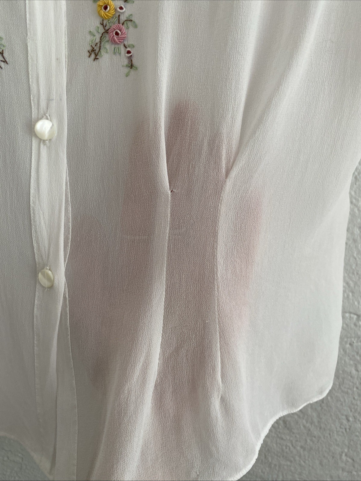 Vintage 30s 40s White Rayon Crepe Collared Blouse Floral Embroidered Top sz XS S