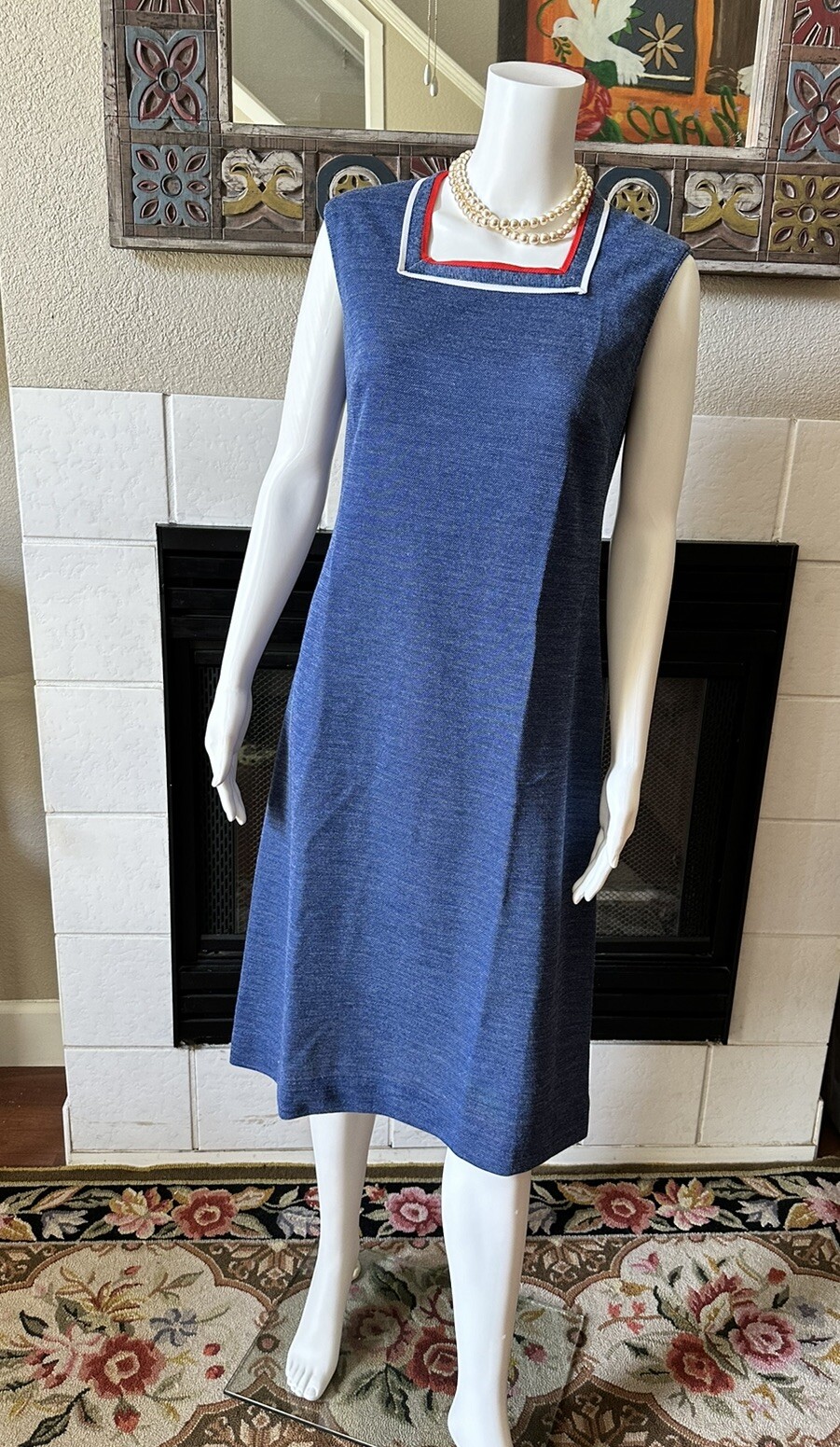 VTG 1960s Bleeker Street Drop Waist Blue Dress & Jacket XL Blue Red White