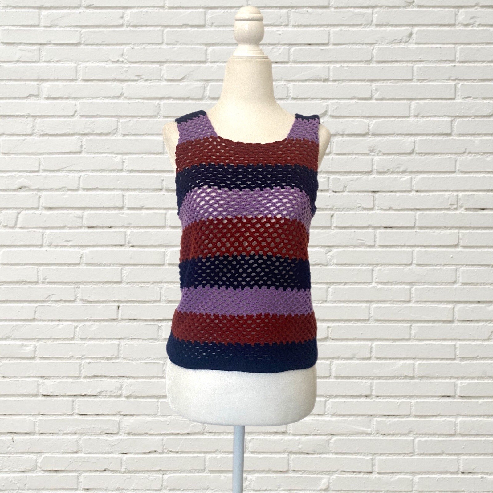 vintage 70s crochet tank top and fringe shawl set – Striped Knit Hippie Boho