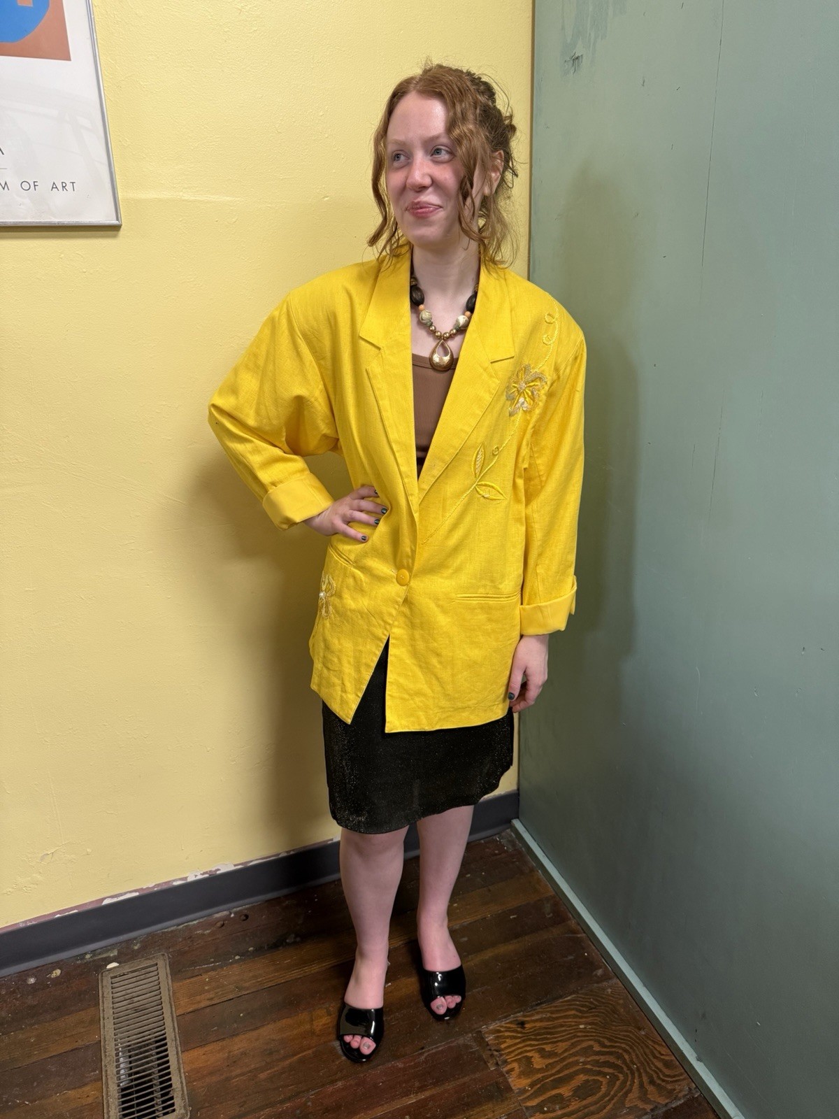 Vintage 80s/90s Adolfo International Yellow Linen Blend Sequin & Beaded Blazer M