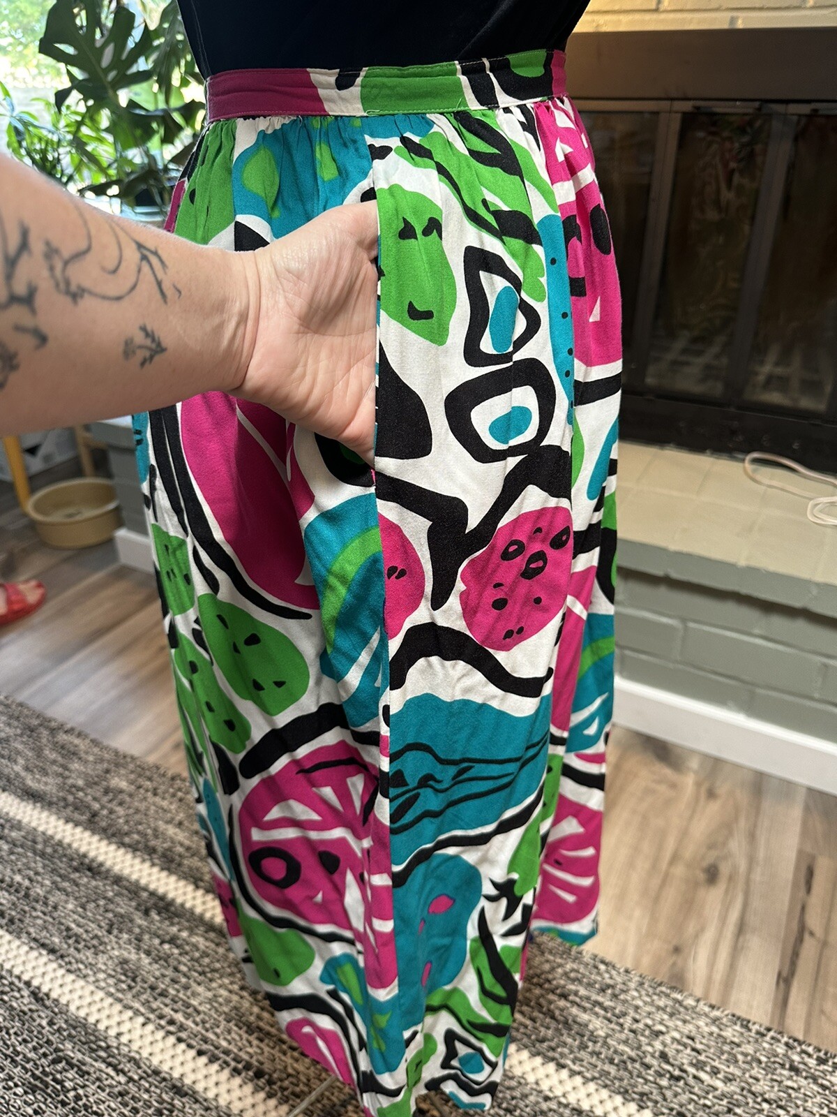 80s VTG Midi Skirt Colorful Pop Art Fruit Print Citrus S Pink Green Blue