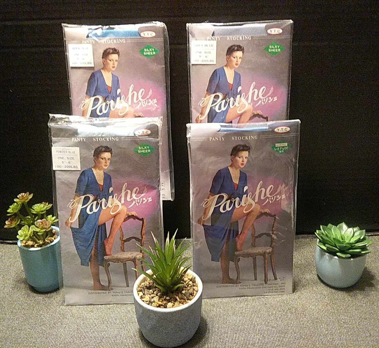 4pr Vtg 80’s Parishe Panty Stockings•Royal Blue,Grey Blue,Powder Blue,Blue Bell
