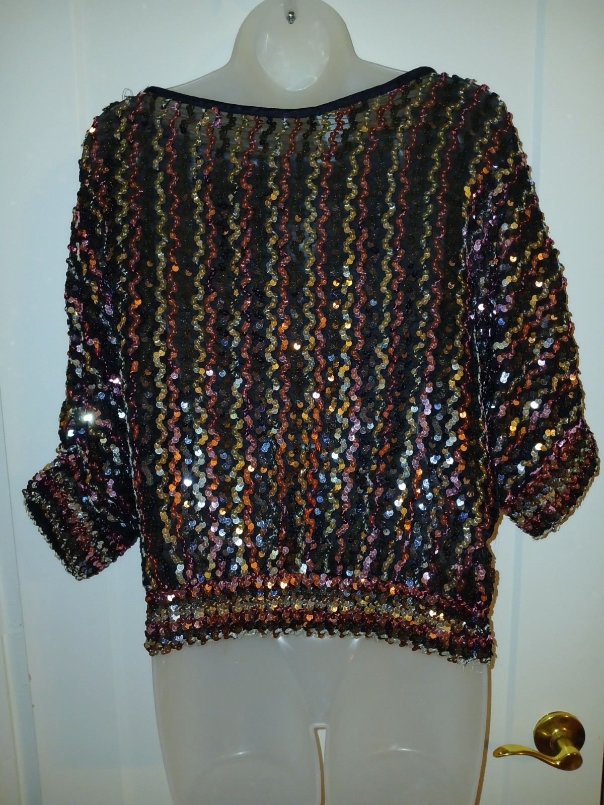 Vintage 70s Sequins Pink Silver Disco Club Knit Stretch Studio 54 Top Blouse L