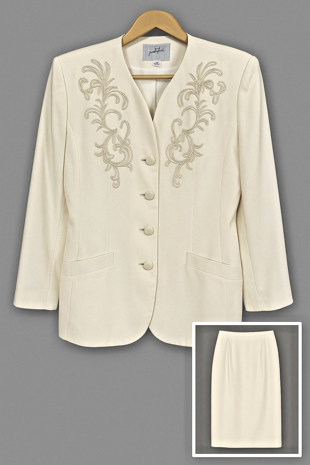 Jacqueline Ferrar Blazer Skirt Suit Set Size 10P Cream Embroidered Chic Vintage