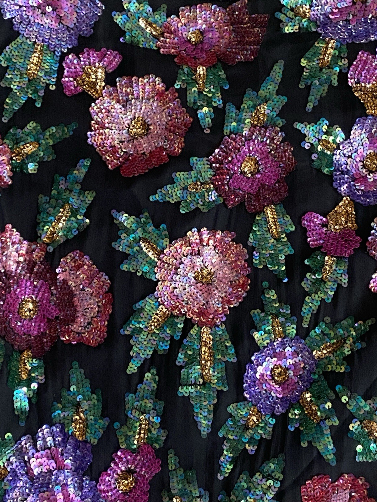 Vintage Laurence Kazar Sequin Silk Blouse Large Black Pink Purple Green Floral