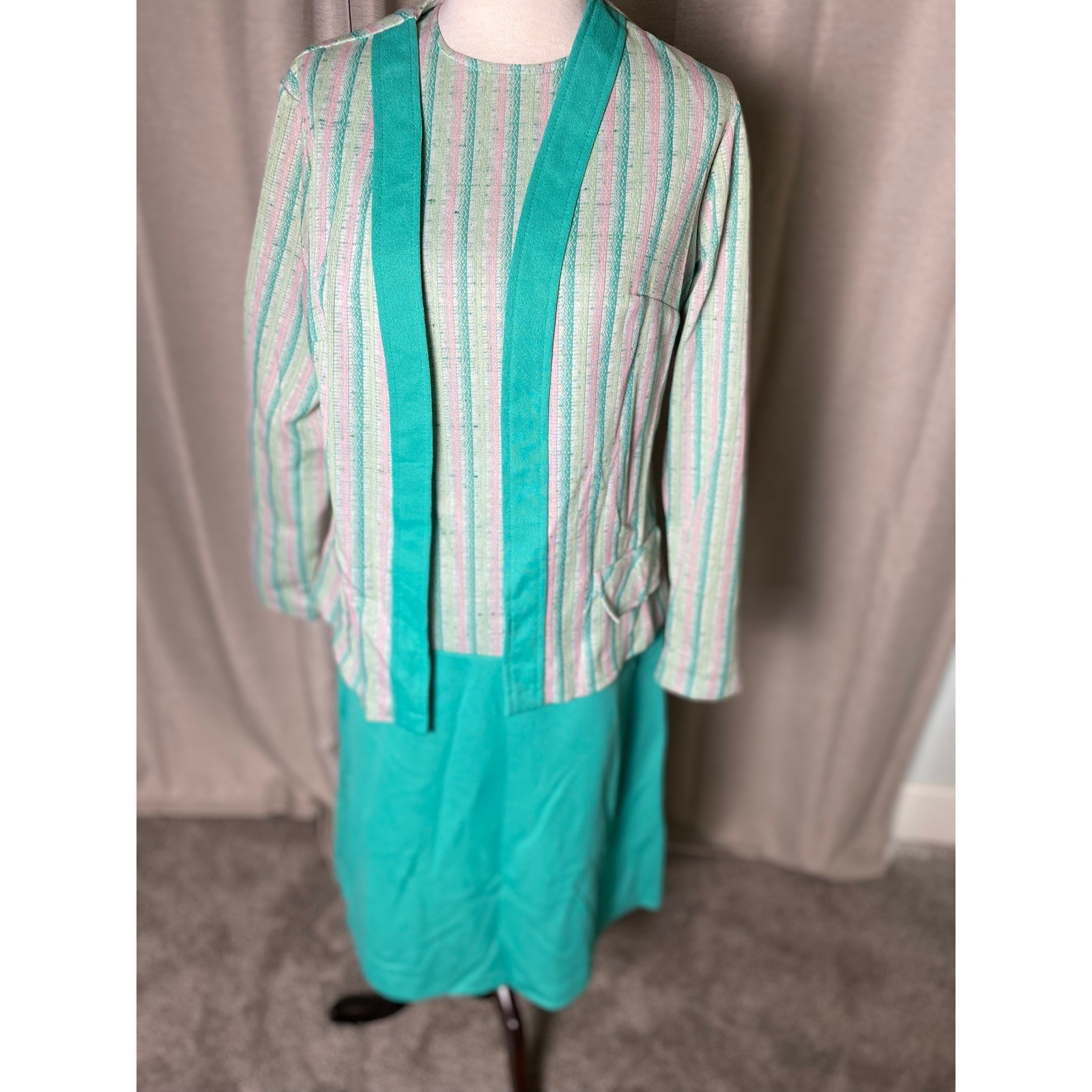 Vintage 60s Dress and Jacket Set Teal Pink Striped Mod Sheath 2 Piece Outfit